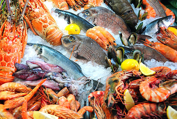 Variety Of Fresh Seafood On Ice